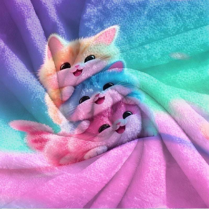 Rainbow Three Cats Pattern Blanket, Soft Warm Plush, Cute Cartoon Design, Home Bedroom Essential, Multi-Purpose