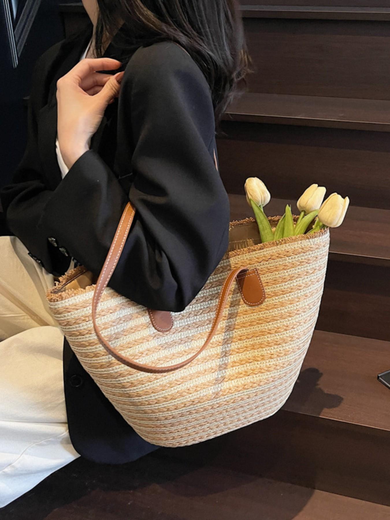2026 New Casual Simple Large Capacity Bag, Beach Vacation Straw Basket Bag, Striped Shoulder Tote Bag, Elegant Style