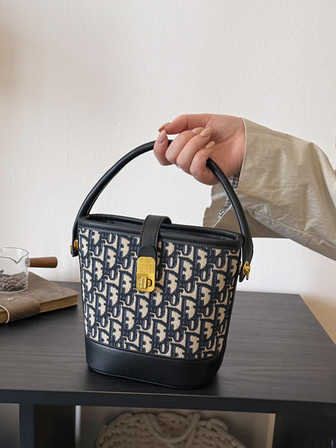 Elegant Embroidered Handbag, Canvas Bag, Versatile Bucket Bag, Compact Shoulder Crossbody, Perfect for Daily Commute & Shopping, Stylish Minimalist Design