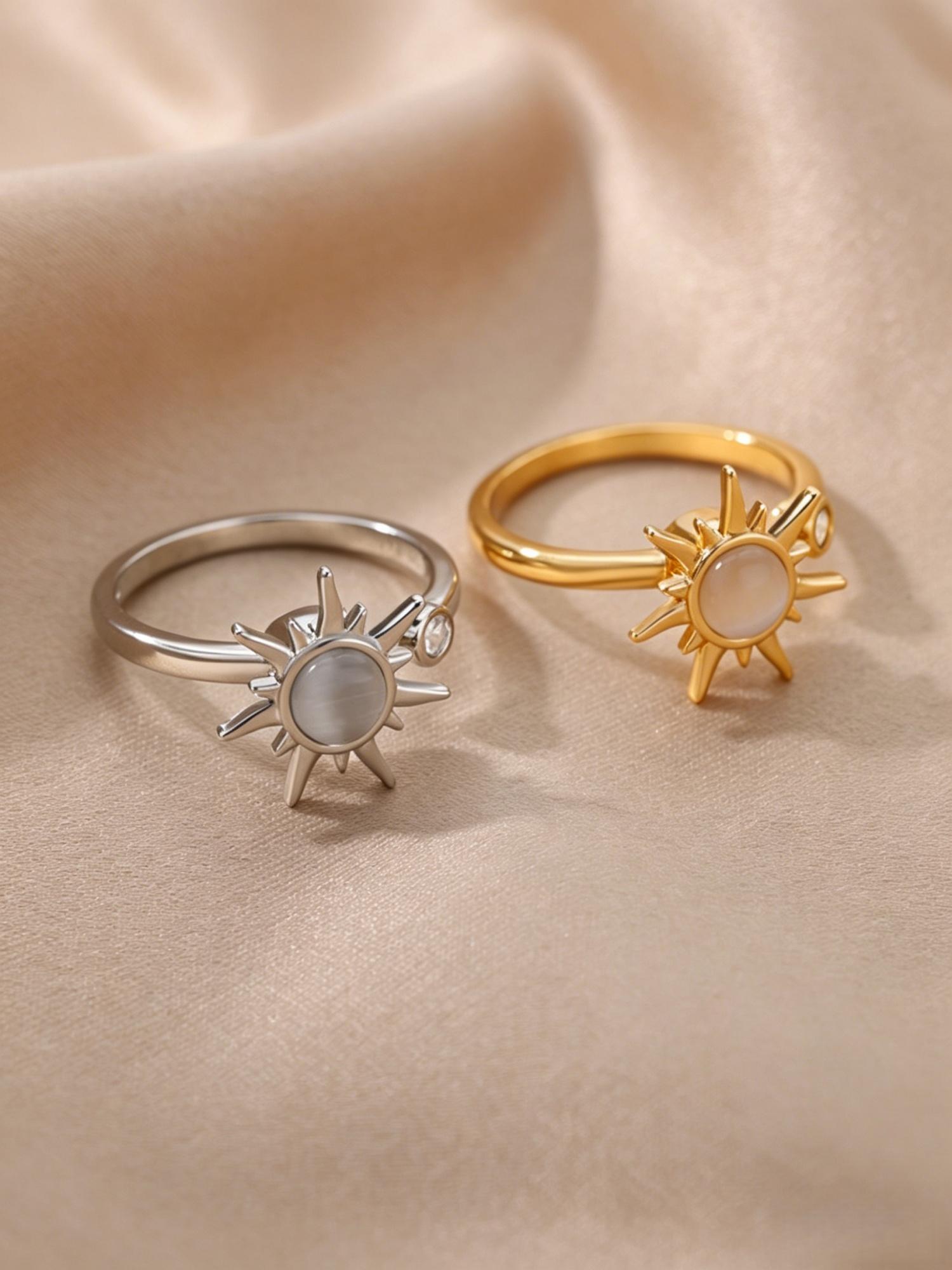 2pcs Spinning Sunburst Stress Relief Adjustable Open Stackable Finger Rings, Gold Plated + Silver Plated Set, Calming Fidget Jewelry Rings for Women, Daily Casual Party Birthday Gift, Viral Aesthetic Trendy Jewelry