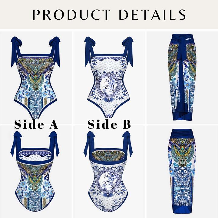 FLAXMAKER Women's Reversible Blue Print Tie-shoulder One Piece Swimsuit and Matching Sarong Set Swimdress Bathing Suit Stylish Beachwear #TikTokShopBlackFriday Swimoutfit Tummy Control Swimwear FLAXMAKER Women's Reversible Blue Print Tie-shoulder One Piece Swimsuit and Matching Sarong Set Swimdress Bathing Suit Stylish Beachwear #TikTokShopBlackFriday Swimoutfit Tummy Control Swimwear