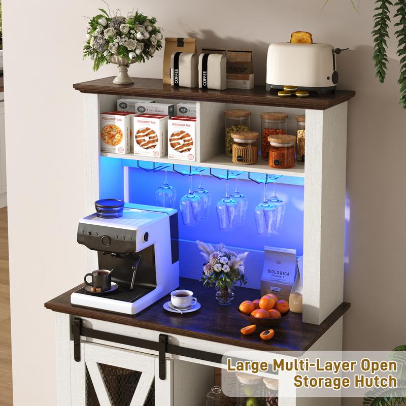 63"W/47"W/31.5"W Farmhouse Coffee Bar Cabinet with LED Light,Wine Bar Cabinet w/ Tier Storage Hutch,Kitchen Buffet Cabinet w/Sliding Barn Door & Wine and Glass Racks for Kitchen Dining Room(Brown/Antique White/Dark Rustic Oak)