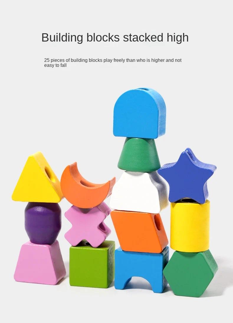 5-in-1 Montessori Wooden Toys Color Shape Cognition Blocks Matching Sorting Game Beaded Early Educational Toys Gift for Children