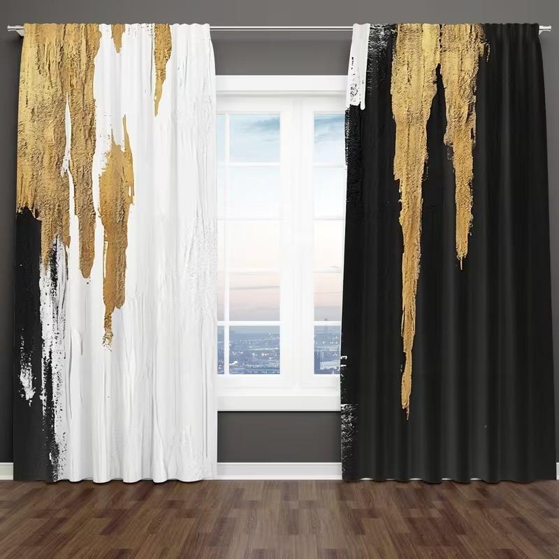 2 pieces of abstract printed curtains with gold dots pattern, made of polyester and semi-transparent, machine washable, suitable for bedrooms, living rooms and home decoration.