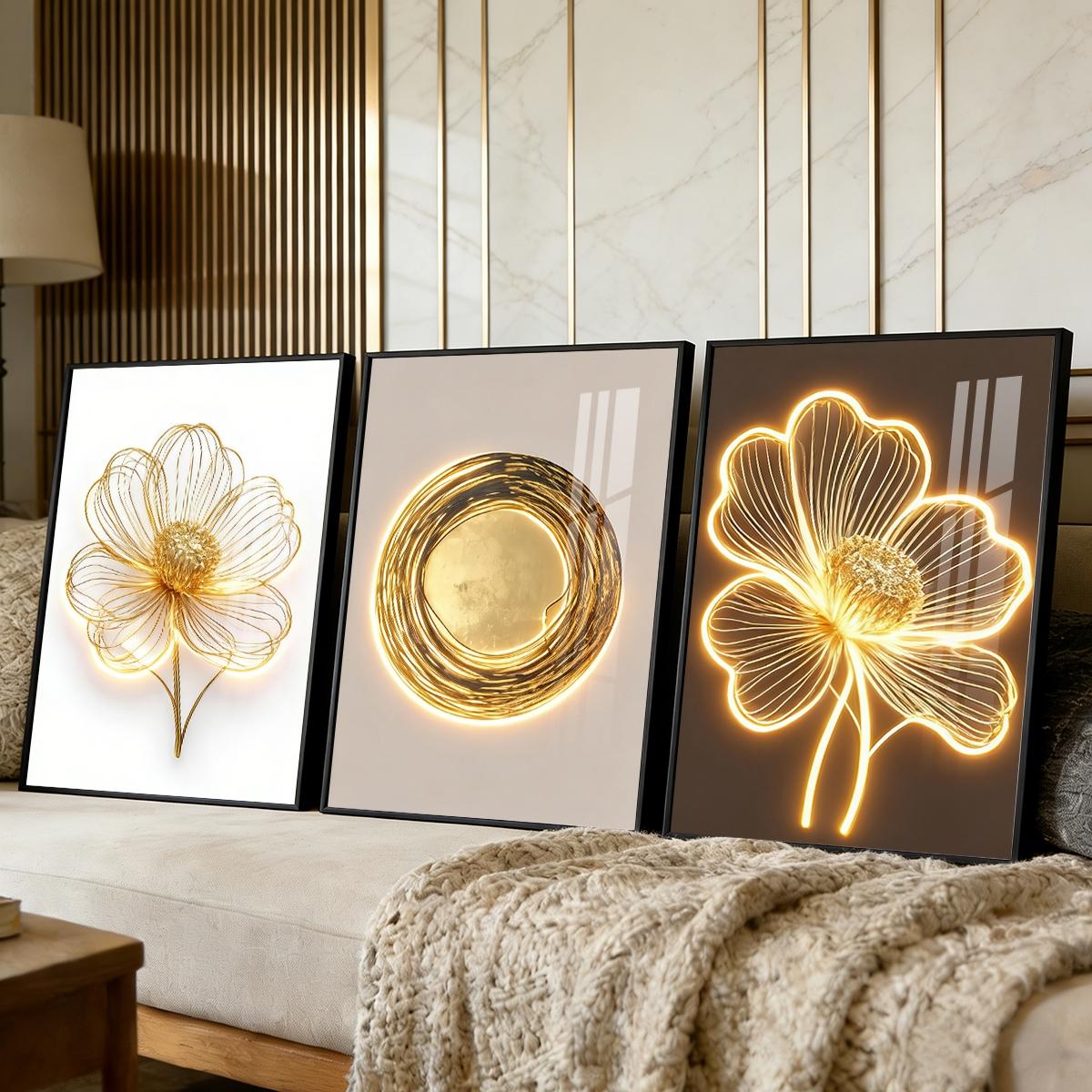 3 Counts Aluminum Alloy Framed Painting, Golden Wire Flower And Sun Abstract Art Pictures, Home Decoration For Living Room, Bedroom, Office, Restaurant, Hallway Wall Decor, Odorless Print Artwork, Luxury Perfect Gift For Friends And Family