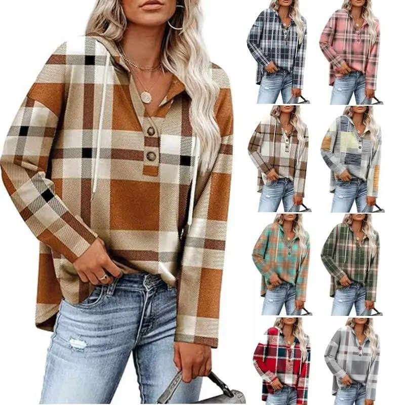 Women's V-Neck Button Hooded Plaid Long Sleeve Pullover Sweater