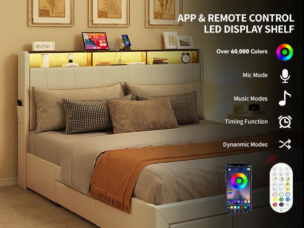 DWVO King Size Bed Frame, Storage Bed Frame w/LED Lighting & 4 Drawers, Upholstered Platform Bed Frame with Charging Station & Storage Headboard, No Box Spring Required, Easy Assembly