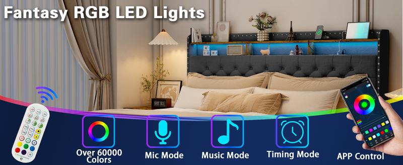 King Size Bed Frame with 3 Drawers, 2-Tier Storage Headbord, Bed Frame with Storage, LED Lights and Charging Station, Upholstered Platform Bed Frame, Wood Slats Support Bedroom Furniture