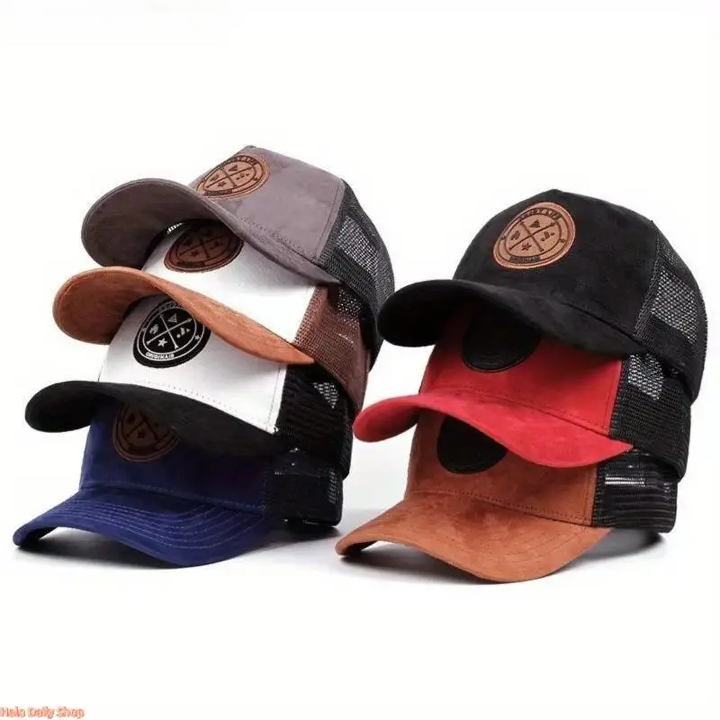 Unisex Soft Suede Patchwork Trucker Hat - Adjustable Cap with Patchwork Look, Breathable Mesh Back, Hip-Hop Style for Daily Use & Outdoor Wear