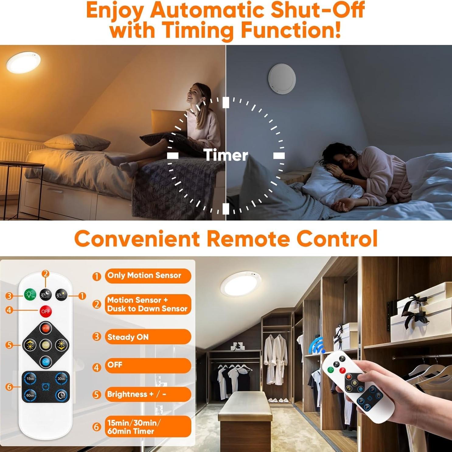 Rechargeable Motion Sensor Ceiling Light with Remote - Magnetic Wireless Ceiling Light Battery Powered for Closet Shower Stairs Shed Hallway Porch Patio ect,Suitable for various scenarios, easy to install