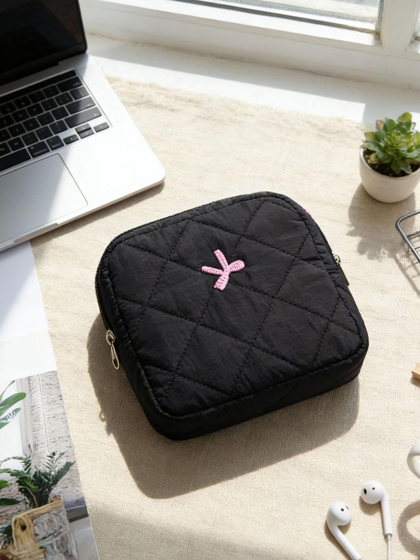 Bow Embroidery Quilted Makeup Bag, Small Portable Cosmetic Pouch for Women, ONLY 1 PC