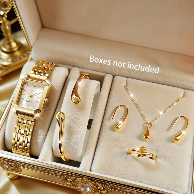 Elegant Quartz Fashion Watch Set with Bracelet Necklace Ring, Stainless Steel Band, Perfect Gift for Women, All Seasons Wear