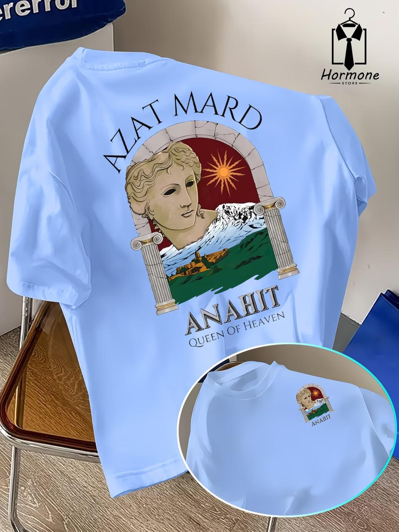 Artistic Greek Mythology T-Shirt, Azat Mard & Anahit Print, Casual Round Neck, Fitted Long Sleeve, Polyester Material