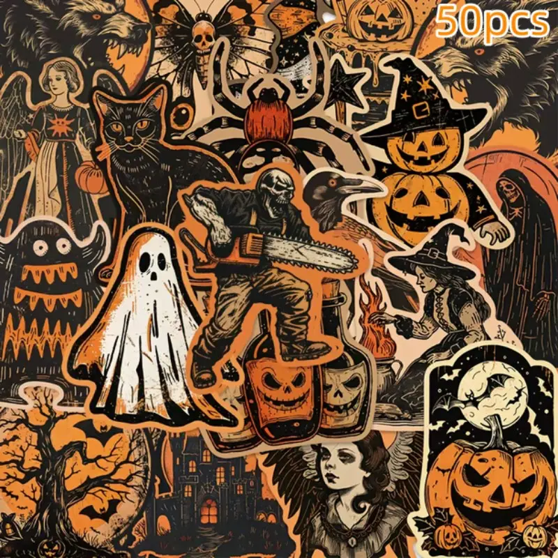 50 Retro Halloween Stickers, Pumpkin Witch Chainsaw Design, Fun DIY Decor for Phone Case Laptop Skateboard Guitar Luggage Helmet