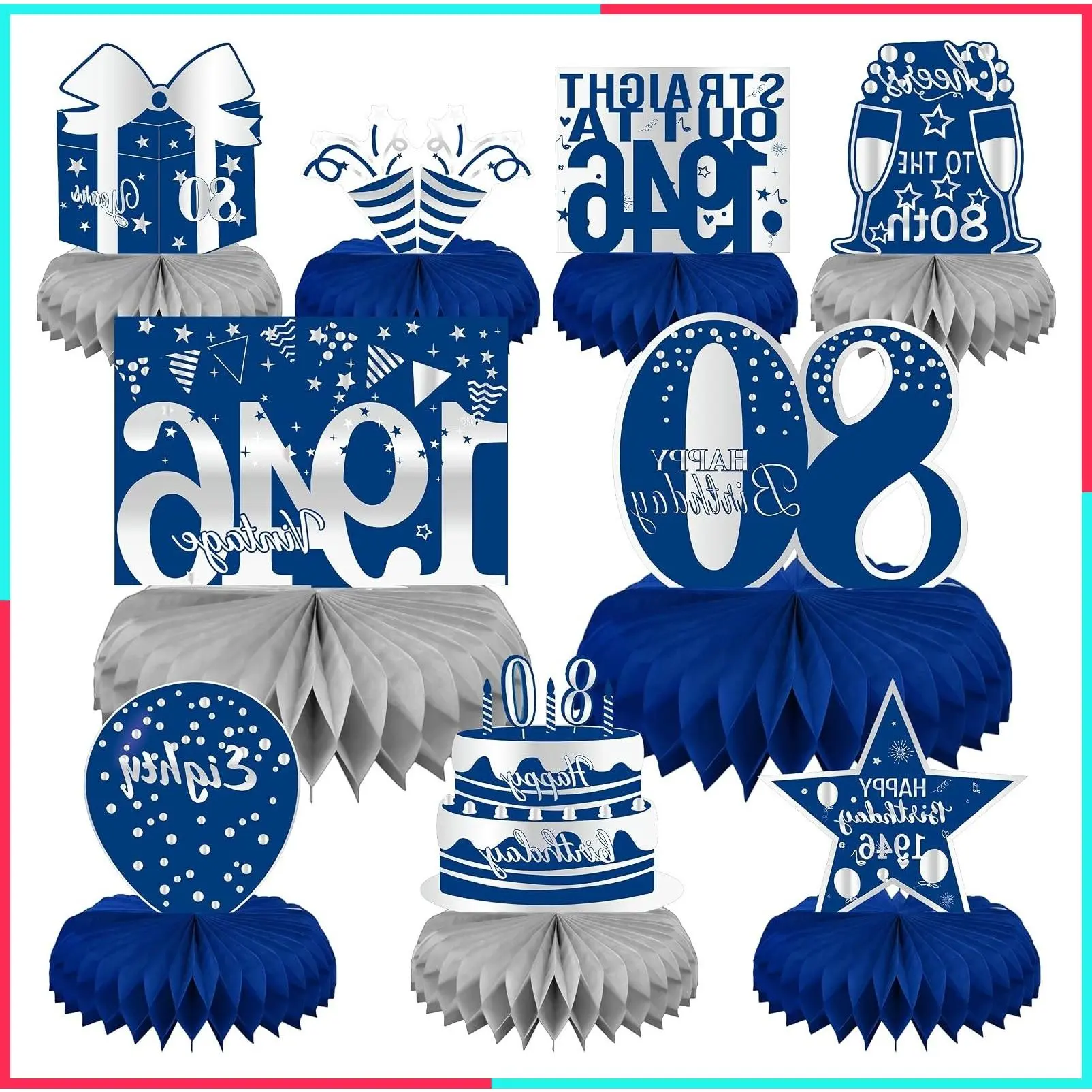 80th Birthday Decorations for Men - Blue and Silver Honeycomb Centerpieces for 80 Year Old Birthday Party Table Seventy Vintage Decor