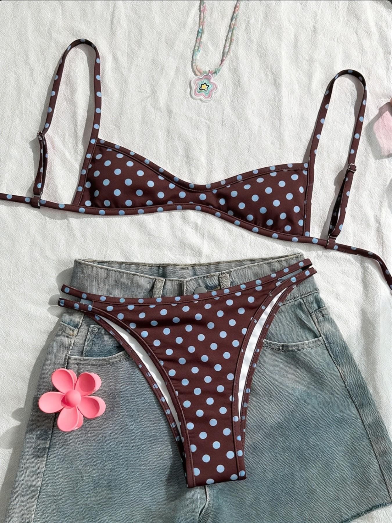 Elegant Bohemian Style Brown and Light Blue Polka Dot Adjustable Strap V-Neck Sexy Bikini Set