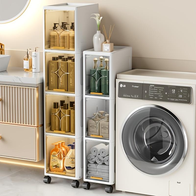 Multi-layer tall and narrow bathroom storage cabinet, portable toiletries storage cabinet with wheels, space-saving stackable storage containers, flip-top transparent cabinet door design, narrow storage unit, for small spaces