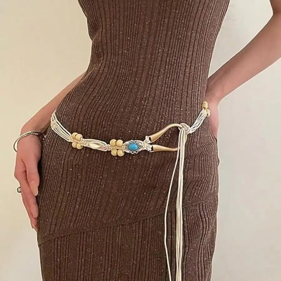 Women Braided Waist Belt Boho Woven Belt with Wooden Beads and Ring Clasp Vintage Long Tassel Rope Tie Belt for Dress