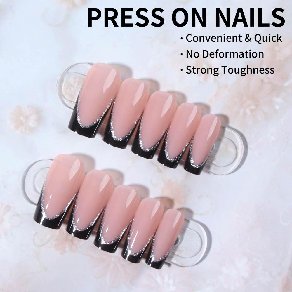 24pcs Medium Square Press-On Nails, French Style Glossy Finish, Reusable DIY Nail Art for Parties and Daily Wear, Shining Rhinestone, Nails Press Ons