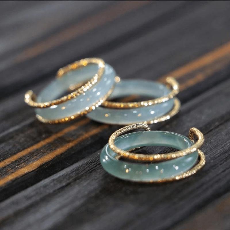Natural Jadeite A-grade inlaid ring, new style blue water high ice jade ring, tail ring