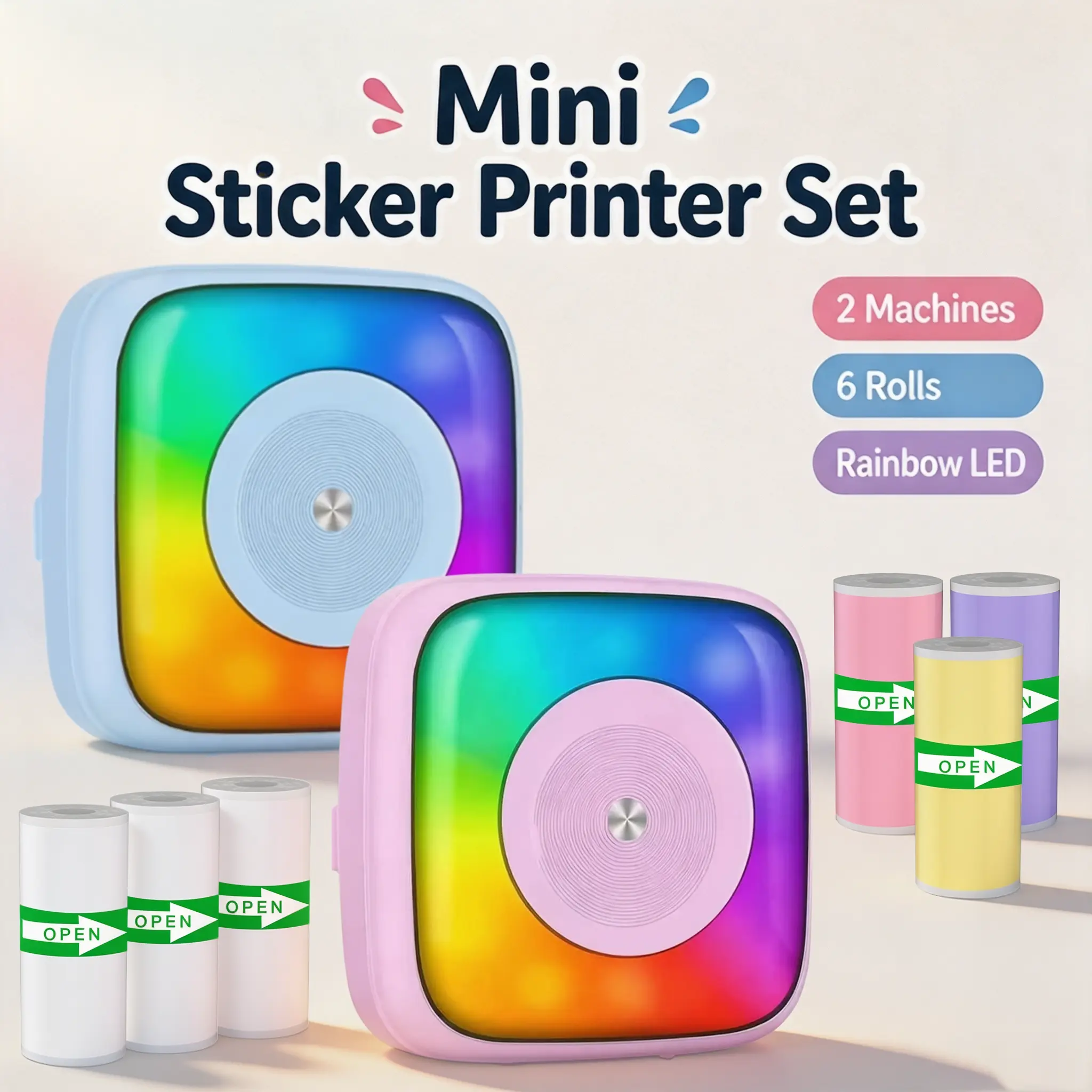 Portable mini thermal printer featuring a colorful gradient light effect; available in pink or blue. Includes 3 rolls of colored and 3 rolls of white thermal paper. Ideal for journaling, study notes, and DIY sticker making. Wireless thermal label printer.