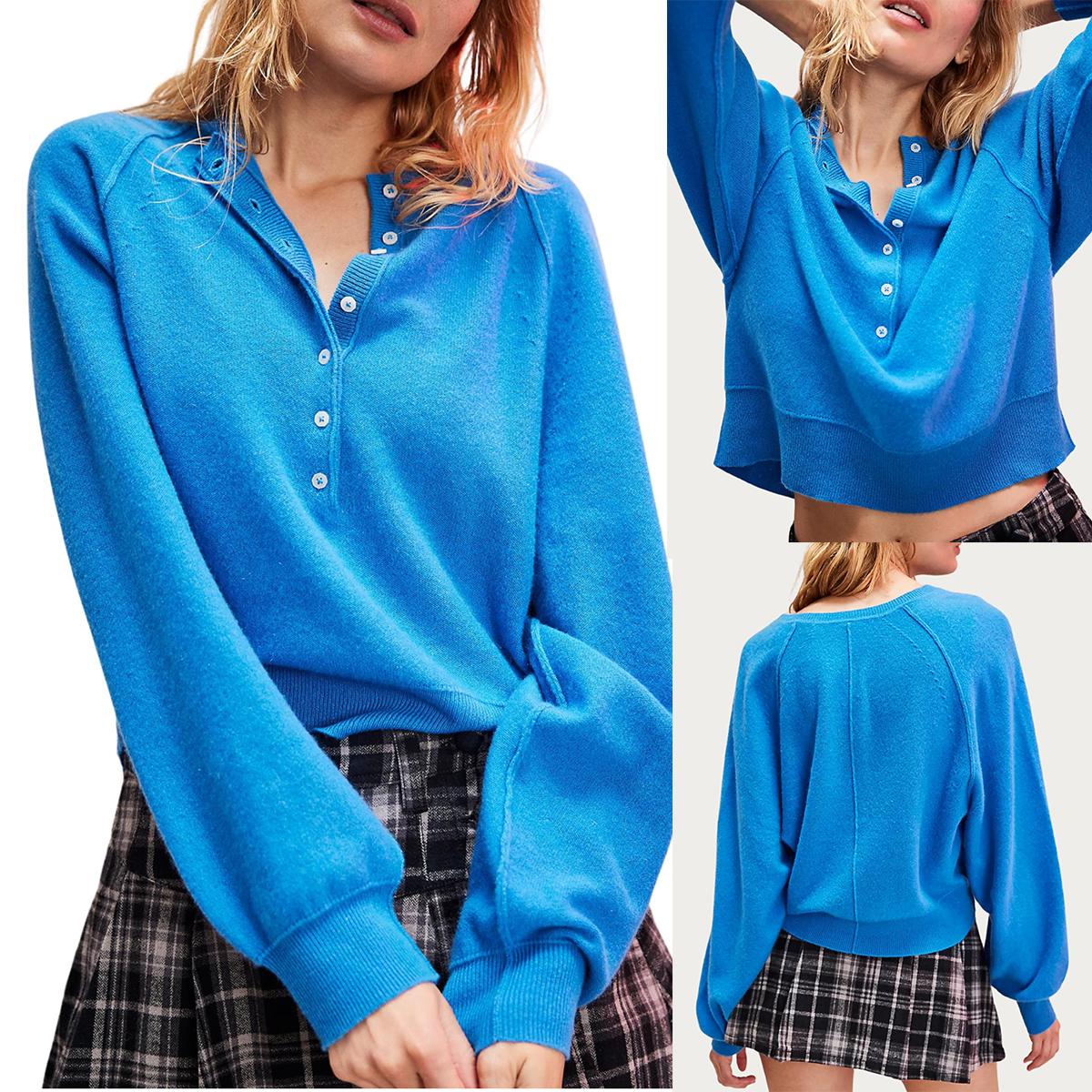 Buenoble Women Loose Button Front Knit Pullover Henley Neck Long Sleeve Knitwear Solid Cropped Sweater