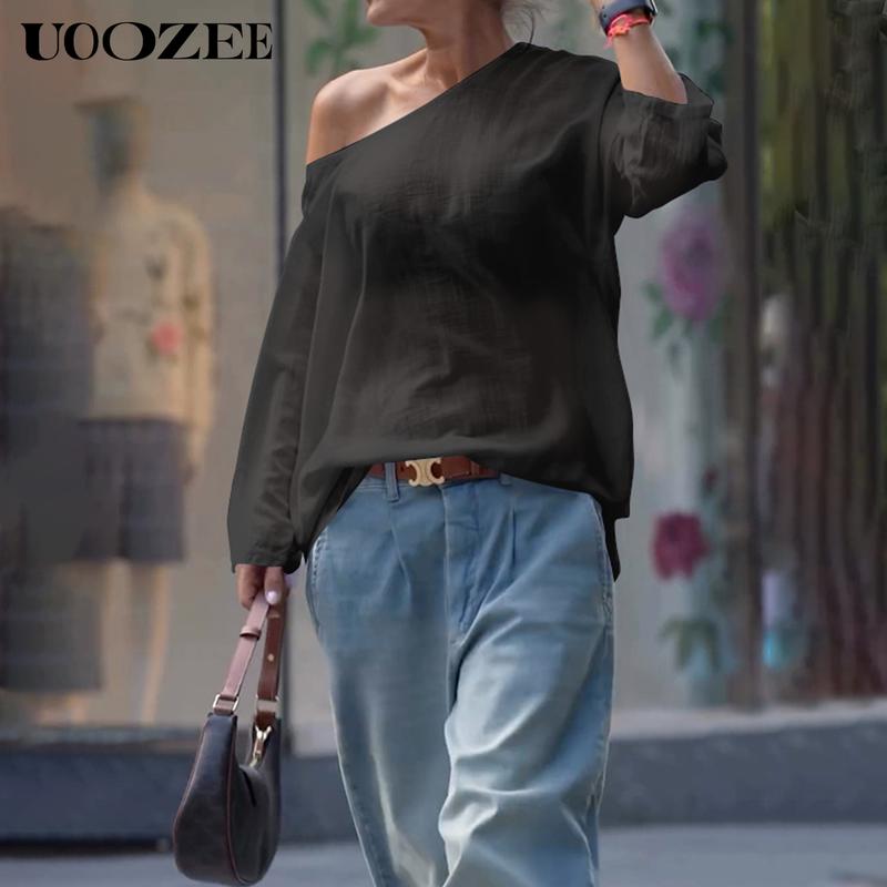 UOOZEE Women's Summer Cotton Blouses - Off Shoulder Long Sleeve Tops in Solid Color for Casual Wear High-Quality Material Multiple Color Options T-shirts