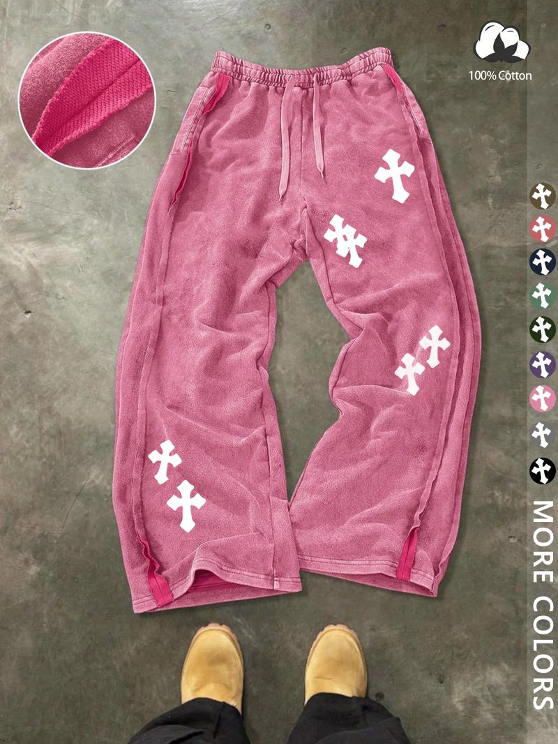 Unisex Street Style Cross Print Cotton Sweatpants, Loose Fit, Elastic Waist, Washed Cotton Fabric, Casual Fashion, Y2K.men's gift