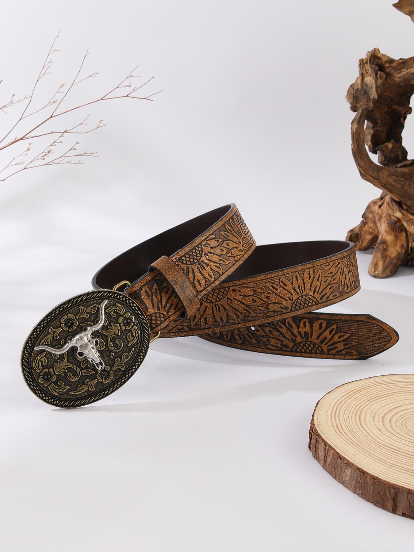 Vintage Flowers Embossed Western Belt with Cow Decor Buckle, Western Belt Buckles, Fashion All-match Cowboy Waistband for Jeans, Trendy Accessories for Daily Life