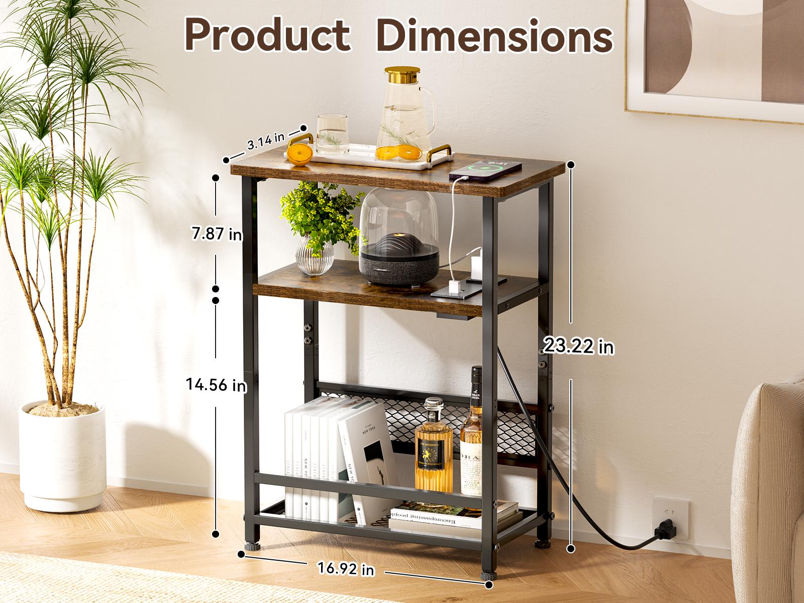 Flycity Side Table with Charging Station,2-3 Tires Narrow End Tables with USB Ports,Shelves & Magazine Rack for Small Spaces Furniture Living Room Storage Modern Nightstand Bedside Cabinet