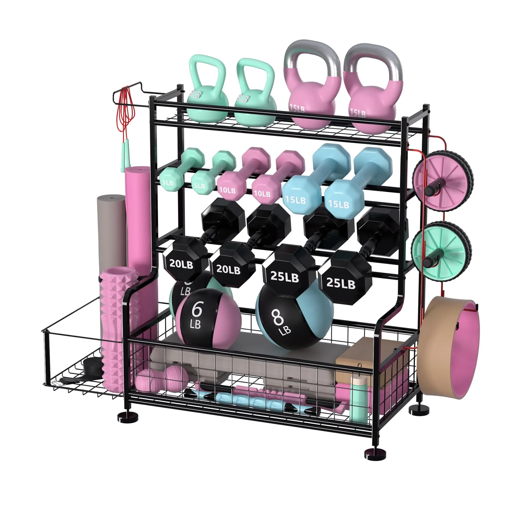 4-Tier Dumbbell Rack Stand, Weight Rack with Hooks for Home Gym, Home Gym Storage Rack for Yoga Mat Kettlebells and Strength Training Equipment, Powder Coated Finish