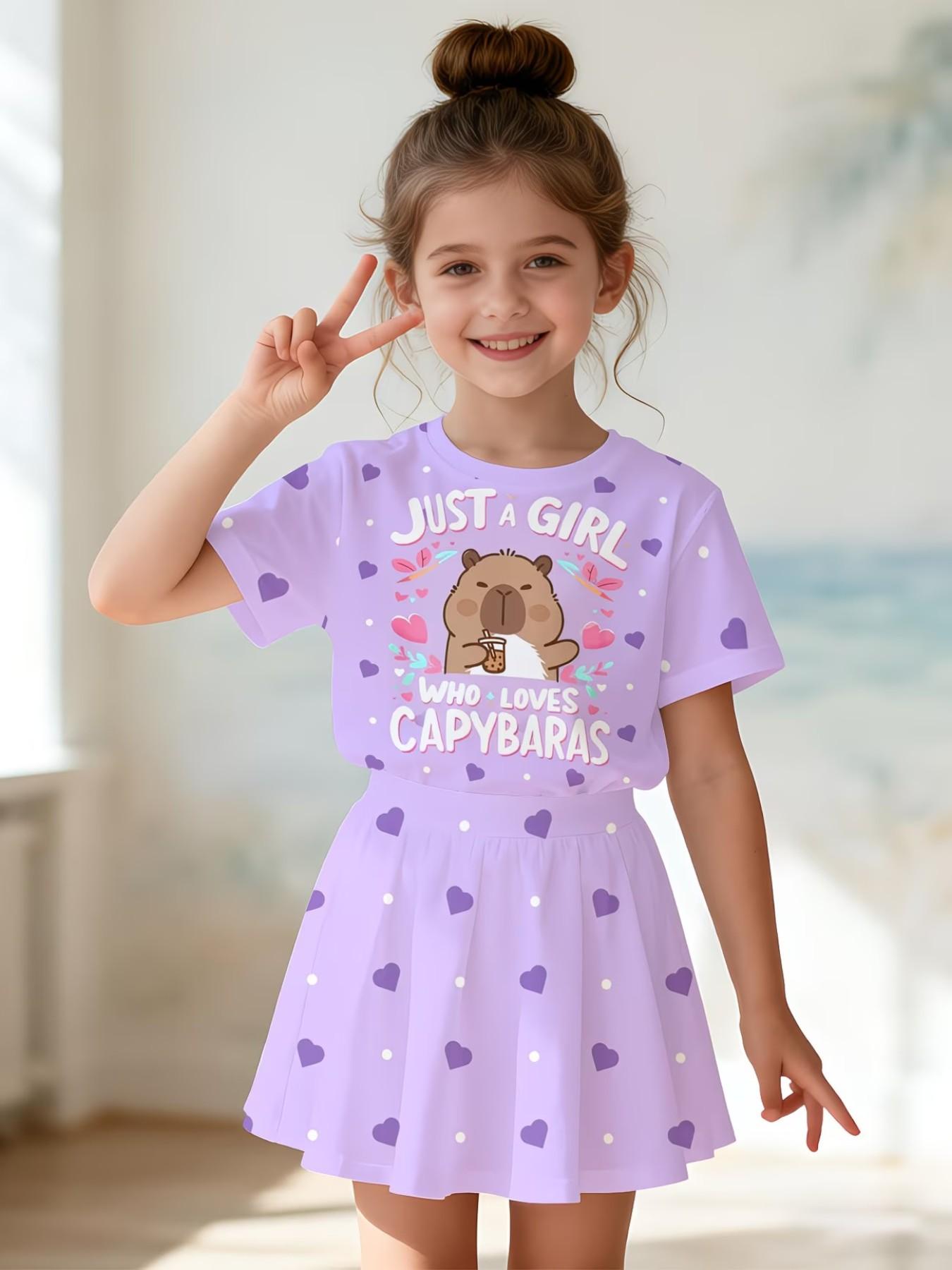 Girls' 3D Heart Print Capybara Pattern Set, Casual Slim-Fit T-Shirt and Skirt, Summer Daily Wear, Round Neck Short Sleeve