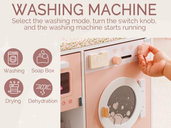 ROBUD Baby Doll Crib, Pink Baby Doll Beds, Wooden Doll Changing Station with Seat, Bottle Sterilizer, Washing Machine and Storage, Doll Accessories of Toy Crib to Kids