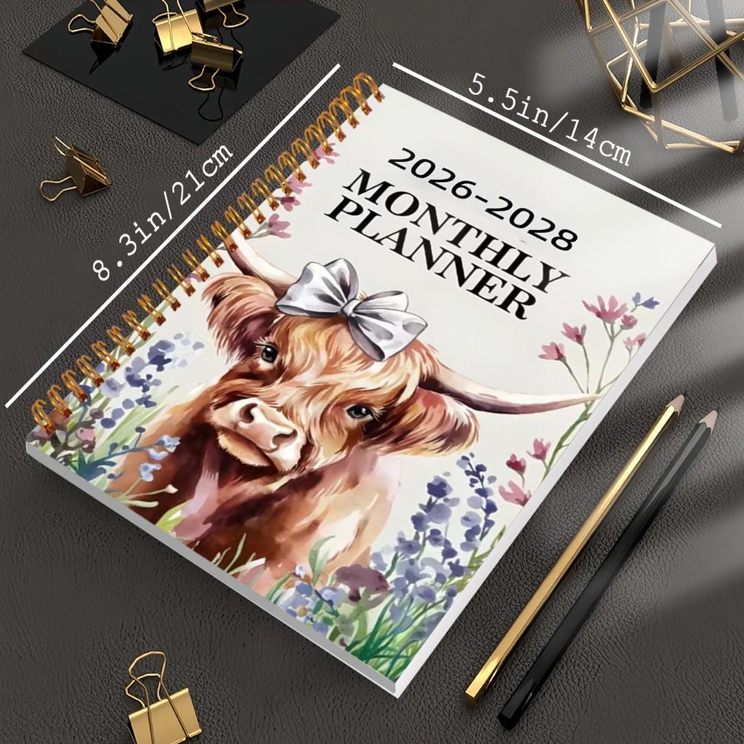 Highland Cow Monthly Planner Notebook 2026-2028, Coilbound Looseleaf Schedule Organizer, Essential Planning Tool for Efficient Time Management