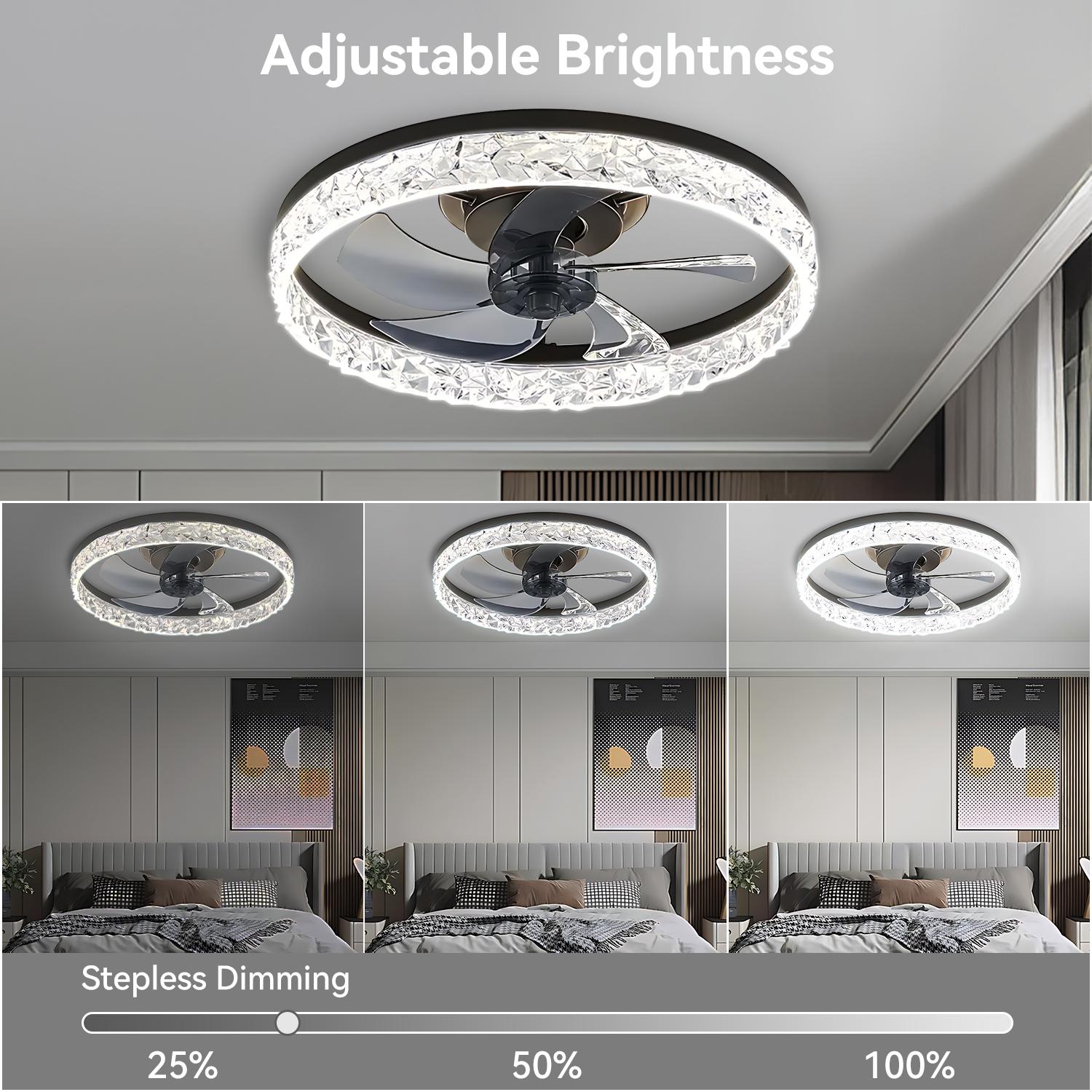 GLITGATE Cristais Multifunctional Ceiling Fan with Light, Remote Control/APP, 6 Wind Speeds, Timer, Reversible DC Motor, Adjustable Brightness & 3 Color Temperatures, Low Noise for Living Room, Bedroom, Study
