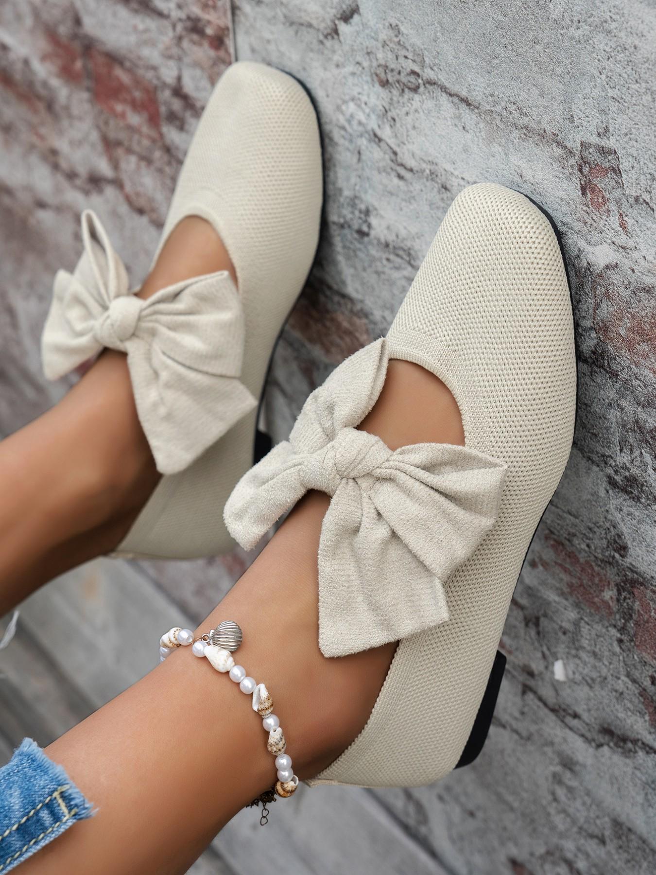 Women's Knitted Shoes, Retro Square Toe Mary Jane Flats, Comfortable Low Heel Single Shoe, Fashion Commuter Shoes with Large Bow Decor
