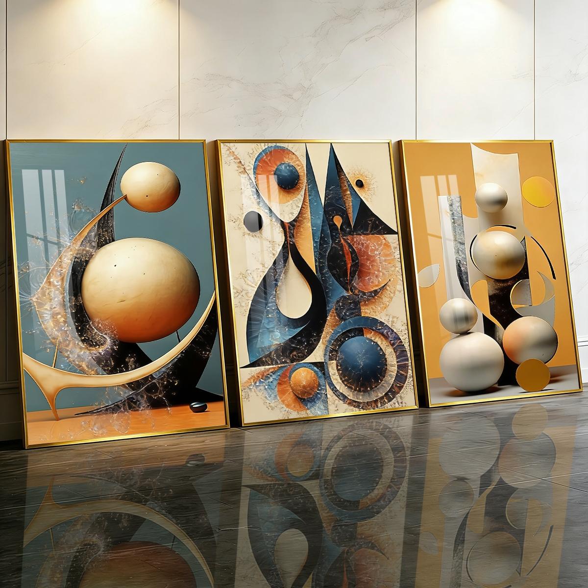 3 Counts Aluminum Alloy Framed Painting, Abstract Geometric Shapes And Spheres Art Pictures, Home Decoration For Living Room, Bedroom, Office, Restaurant, Hallway Wall Decor, Odorless Print Artwork, Luxury Perfect Gift For Friends And Family