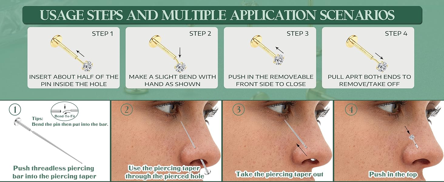 Milacolato 14K Plated GoldThreadless Nose Studs CZ Nose Rings for Women Men 316L Surgical Steel Labret Studs Lip Rings Push in Flat Back Stud Earrings CZ Nose Nostril Tragus Helix Piercing Jewelry Hypoallergenic 20G 18G 16G