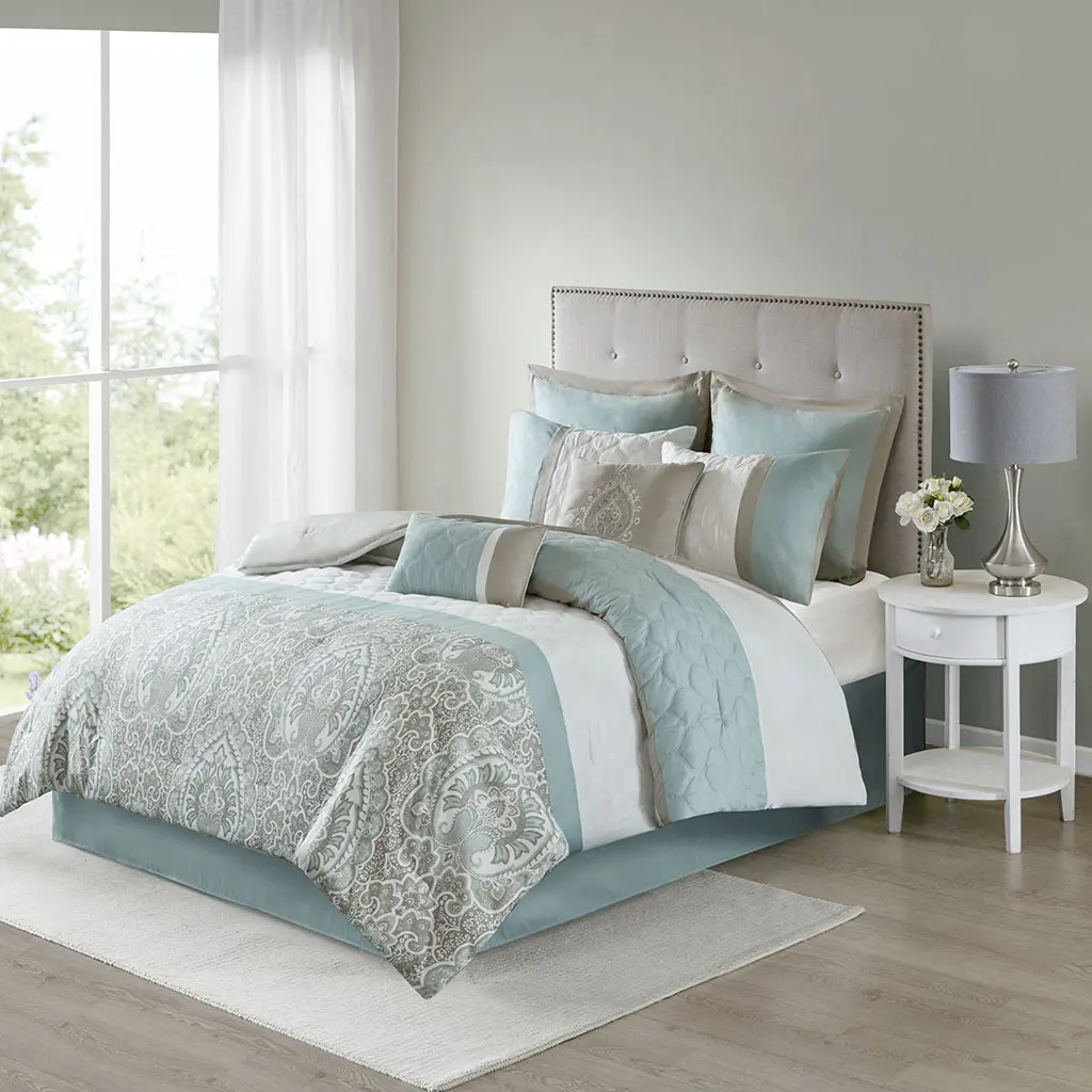 Nokaa Cal King 8 Piece Comforter Set – Transitional Bedding with Diamond Quilted & Damask Print, Hypoallergenic Polyester Fill, Machine Washable, Seafoam Color