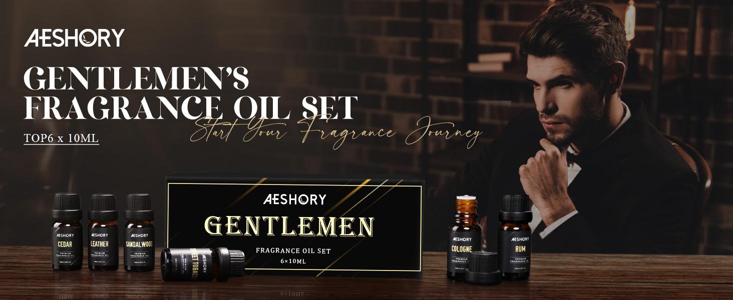 Gentlemen's Essential Oils Set - 6x10ML Mens Fragrance Oil for Candle Making, Diffuser - Sandalwood, Cedar, Leather, Bay Rum, Cologne Aromatherapy Oils for Men