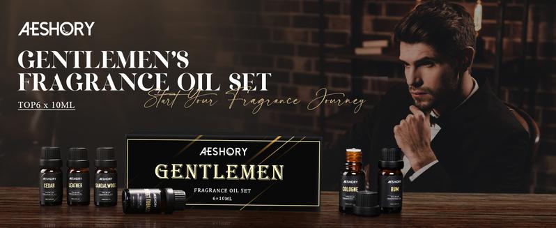 Gentlemen's Essential Oils Set - 6x10ML Mens Fragrance Oil for Candle Making, Diffuser - Sandalwood, Cedar, Leather, Bay Rum, Cologne Aromatherapy Oils for Men