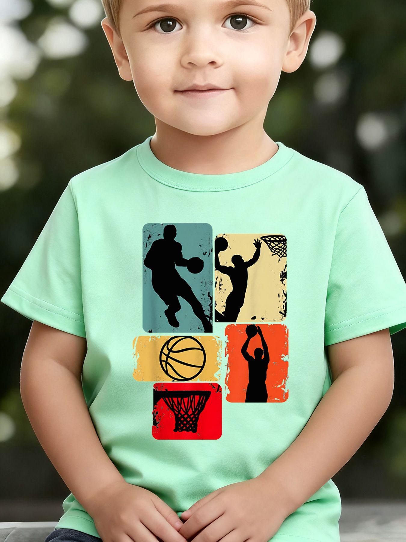 Boys' Summer Breathable & Comfortable "Retro Basketball Silhouette Collage" Cartoon Print (3-12Y) Casual Sports T-Shirt