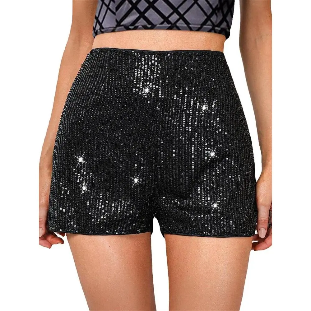 Women Sequin Shorts Elastic High Waist Sparkly Glitter Straight Short Pants Sexy Club Hot Pants Summer Streetwear