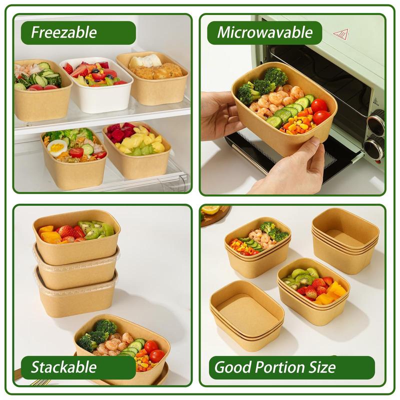50Pack Disposable Kraft Paper Bowls with Lids and Forks,35oz Square/36oz Round,Meal Prep Containers Disposable Large Paper Bowls, Leakproof Food Containers Treat Soup Serving Bowl, Microwave Safe for Hot/Cold Food Clamshell Takeout Tray Compostable Arc Cu