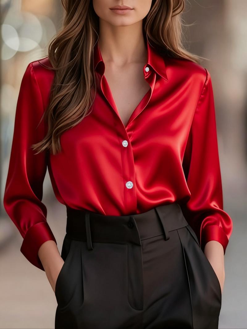 Fashionable women's casual and versatile satin long-sleeved shirt for commuting