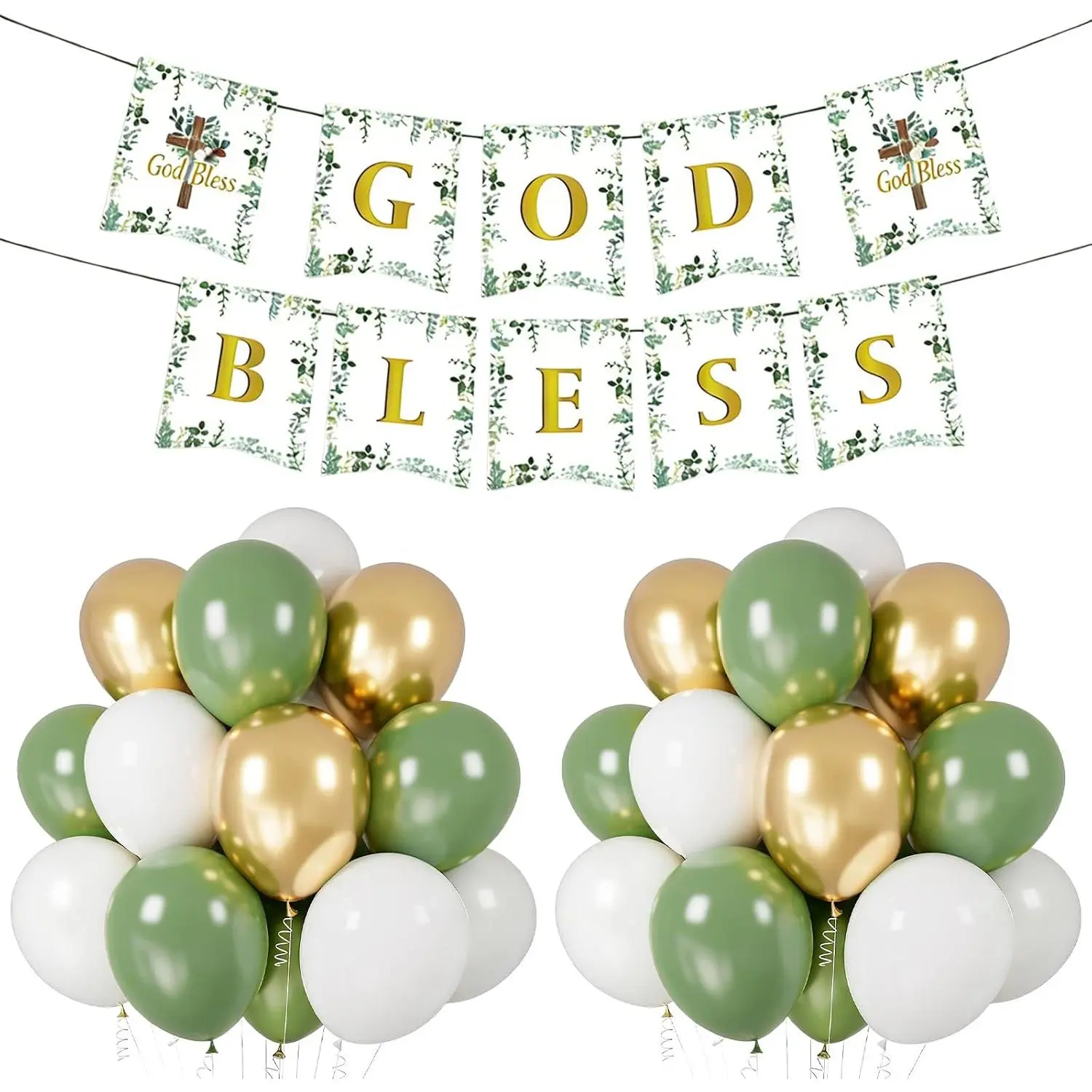 God Bless Banner for Baptism, First Communion Decorations With White  Sage Green Balloons for  Christening, Confirmation Party Supplies