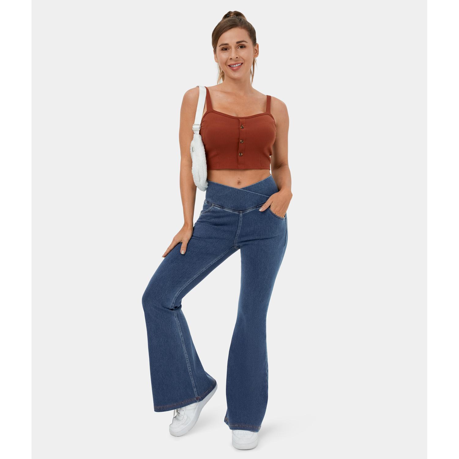 Halara Flex High Waisted Crossover Pocket Washed Stretchy Knit Casual Flare Jeans   #TikTokShopHolidayHaul