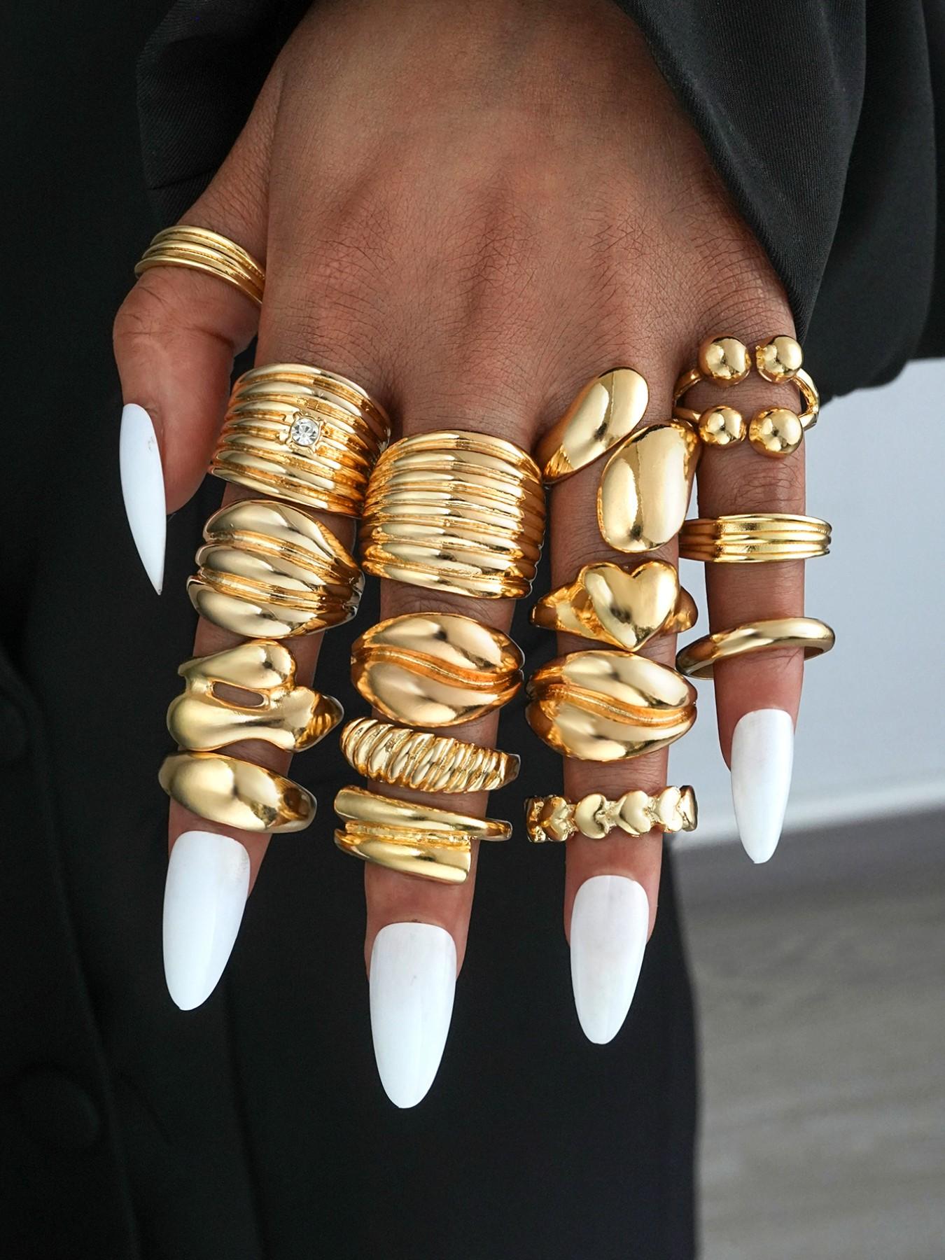 16-Piece Metal Chunky Ring Set, Fashionable Vintage Elegant Geometric Stackable Rings, Party Date Birthday Gift Jewelry Accessories