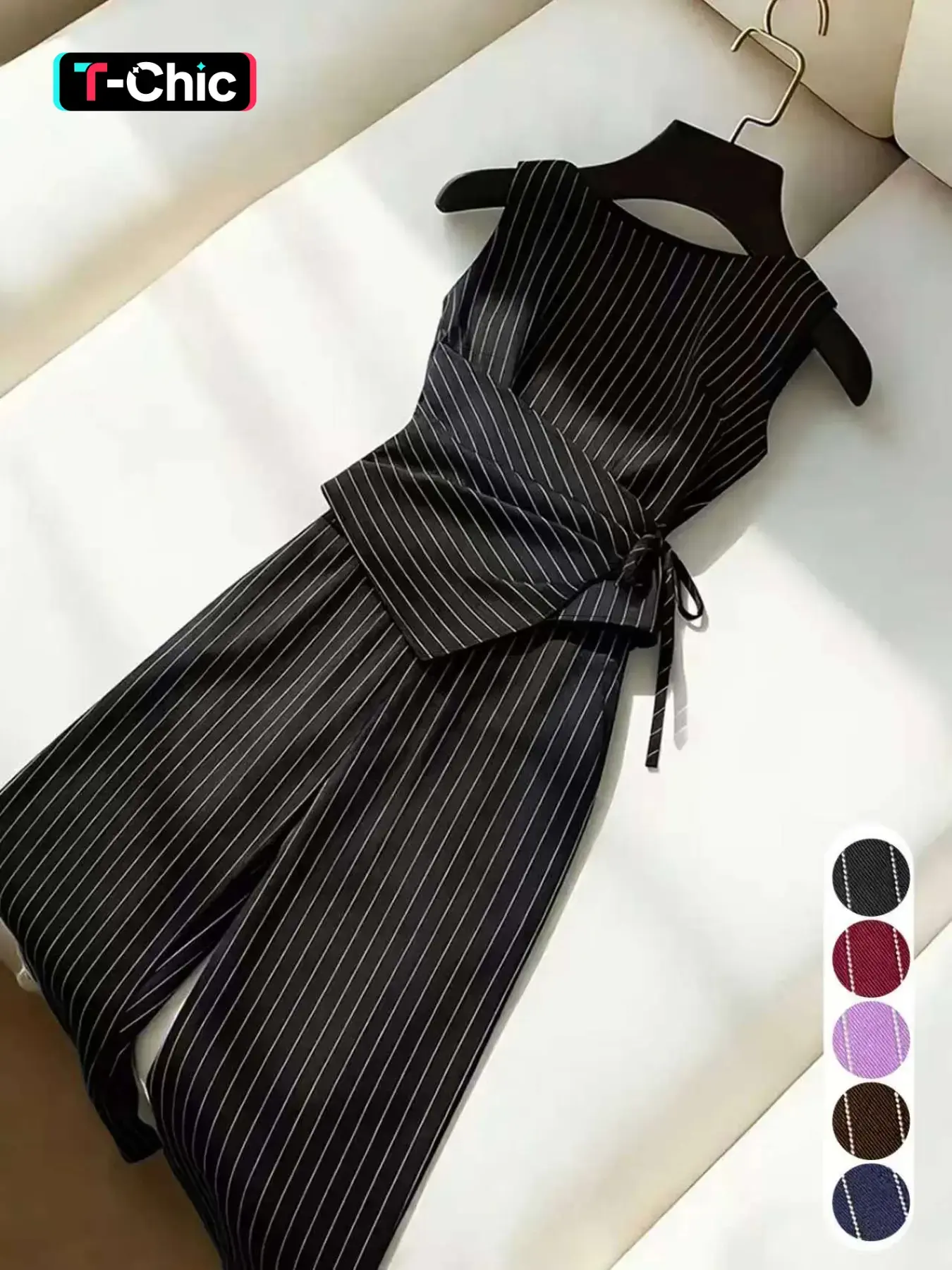 Striped Sleeveless Commuter Two-Piece Set Matching, Vertical Stripes Slimming Office, Elegant Casual Stripe Suit, All-Season Business Wear Polyester, Top