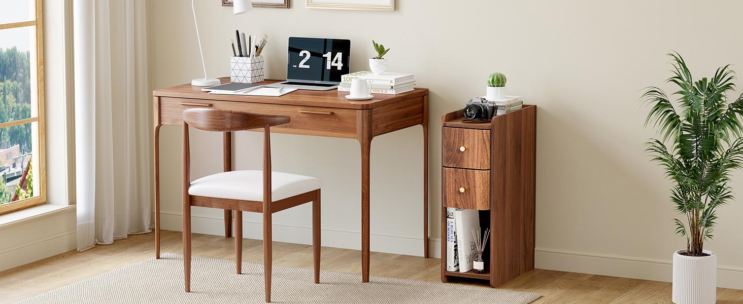 Giratree Mid-Century Modern Nightstand with 2 Drawers, Narrow Vintage Wooden End Table with Open Storage, Wooden Bedside Table Compact Organizer for Bedroom or Living Room